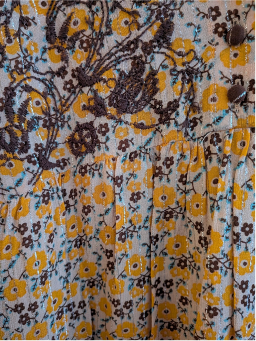 Zara Floral Embroidered Boho Mini Dress Size L Mustard Yellow Bell Sleeve - Picture 5 of 6